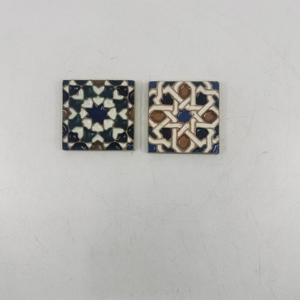 Granada Spain Hand Painted Ceramic Tile Fridge Magnets Set of 2 Geometric